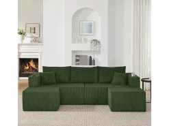 Sofá de canto modular veludo canelado, 2 pufes, porta-copos e almofadas, Verde, 230x138x75cm