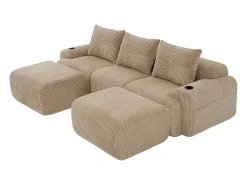 Sofá de canto modular veludo canelado, porta-copos, 2 pufes e 3 almofadas, 268x174x80cm, Cáqui