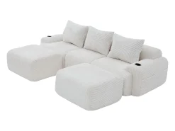 Sofá de canto modular veludo canelado, porta-copos, 2 pufes e 3 almofadas, 268x174x80cm, Bege