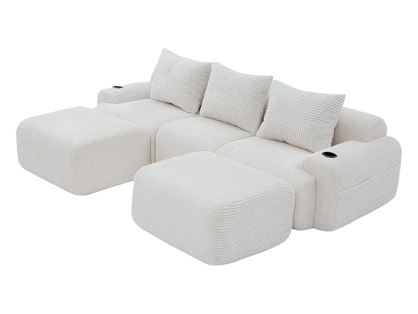 Sofá de canto modular veludo canelado, porta-copos, 2 pufes e 3 almofadas, 268x174x80cm, Bege