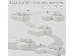 Sofá de canto modular veludo canelado, porta-copos, 2 pufes e 3 almofadas, 268x174x80cm, Bege