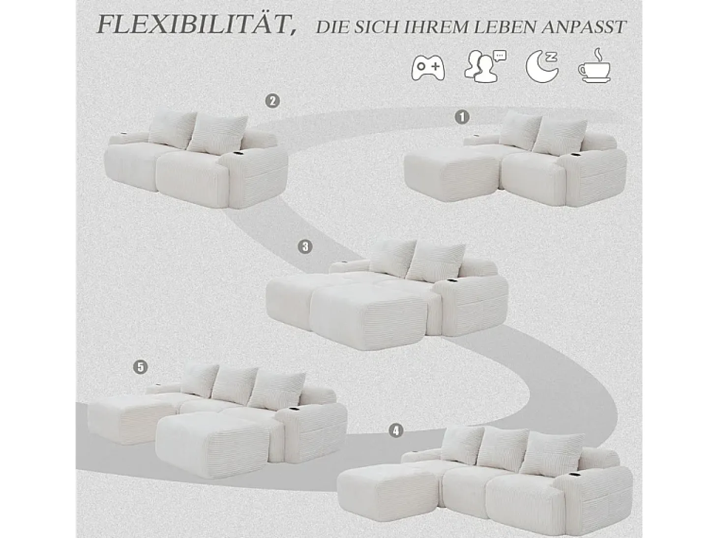 Sofá de canto modular veludo canelado, porta-copos, 2 pufes e 3 almofadas, 268x174x80cm, Bege