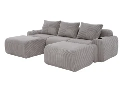 Sofá de canto modular veludo canelado, porta-copos, 2 pufes e 3 almofadas, 268x174x80cm, Cinzento claro