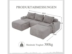 Sofá de canto modular veludo canelado, porta-copos, 2 pufes e 3 almofadas, 268x174x80cm, Cinzento claro