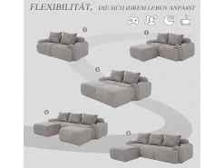 Sofá de canto modular veludo canelado, porta-copos, 2 pufes e 3 almofadas, 268x174x80cm, Cinzento claro