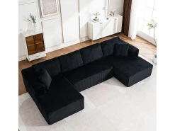 Sofá de canto panorâmico - Veludo canelado Preto - 4 almofadas, 2 travesseiros, 2 chaises - 332x156x88cm
