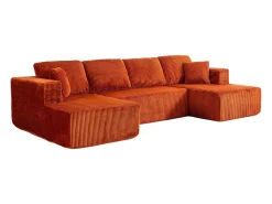 Sofá de canto panorâmico - Veludo canelado Laranja - 4 almofadas, 2 travesseiros, 2 chaises - 332x156x88cm