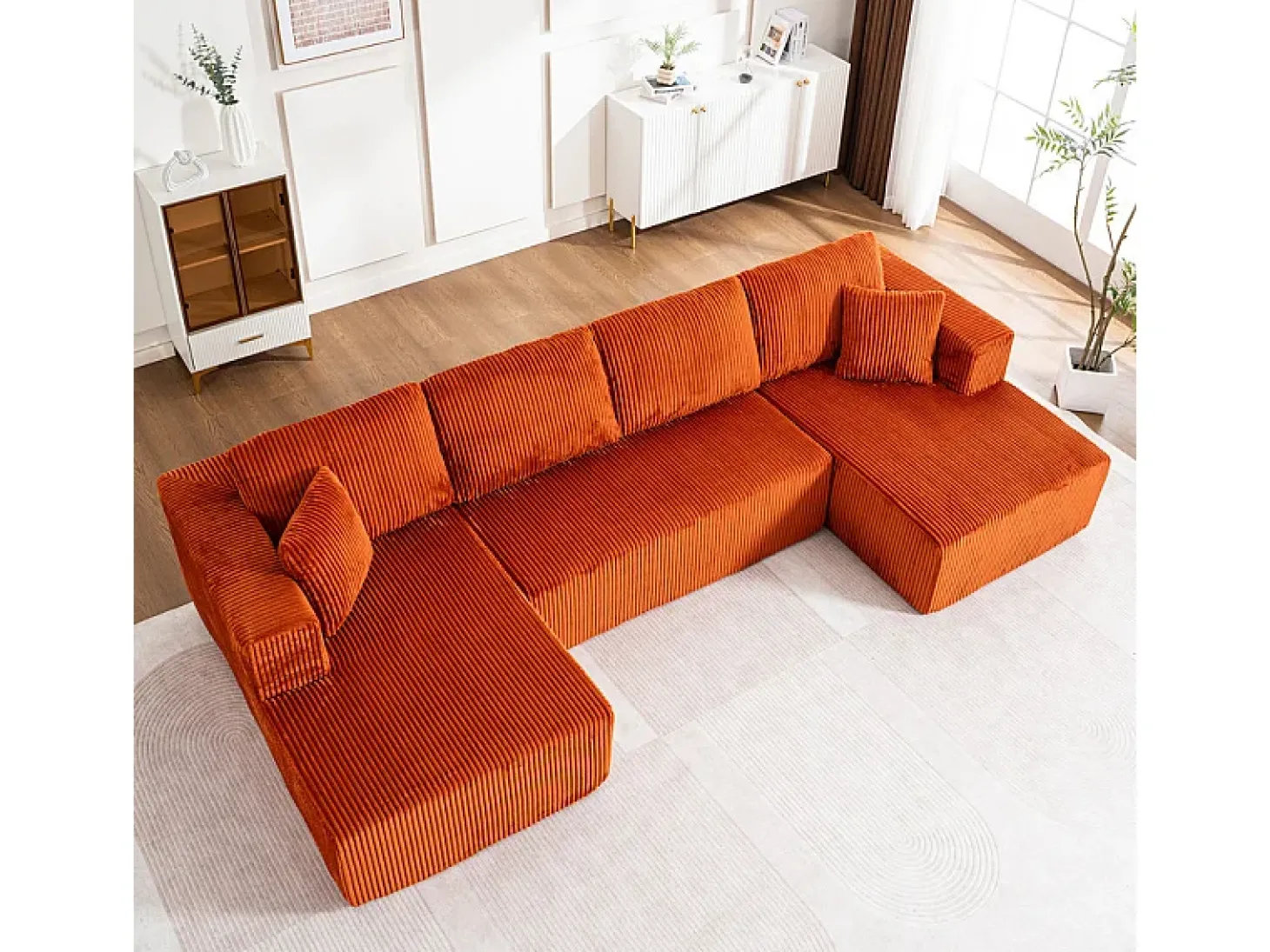 Sofá de canto panorâmico - Veludo canelado Laranja - 4 almofadas, 2 travesseiros, 2 chaises - 332x156x88cm