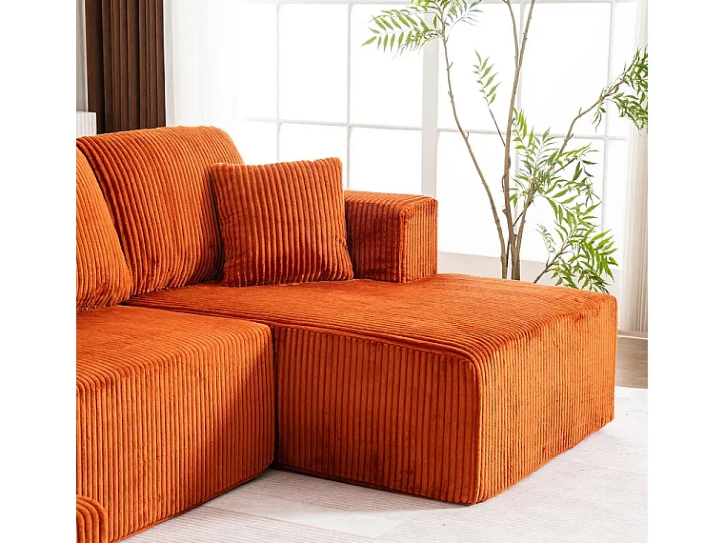 Sofá de canto panorâmico - Veludo canelado Laranja - 4 almofadas, 2 travesseiros, 2 chaises - 332x156x88cm
