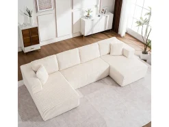 Sofá de canto panorâmico - Veludo canelado Bege - 4 almofadas, 2 travesseiros, 2 chaises - 332x156x88cm