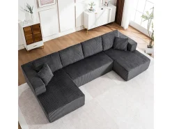 Sofá de canto panorâmico - Veludo canelado Cinzento - 4 almofadas, 2 travesseiros, 2 chaises - 332x156x88cm
