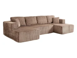Sofá de canto panorâmico - Veludo canelado Castanho - 4 almofadas, 2 travesseiros, 2 chaises - 332x156x88cm