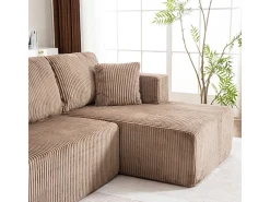 Sofá de canto panorâmico - Veludo canelado Castanho - 4 almofadas, 2 travesseiros, 2 chaises - 332x156x88cm