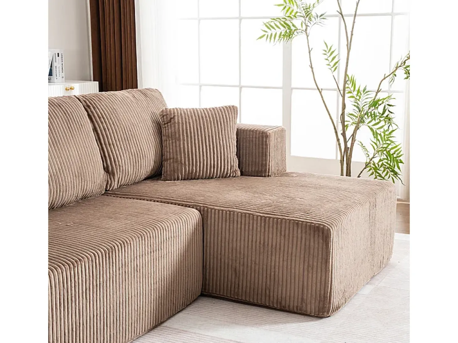 Sofá de canto panorâmico - Veludo canelado Castanho - 4 almofadas, 2 travesseiros, 2 chaises - 332x156x88cm