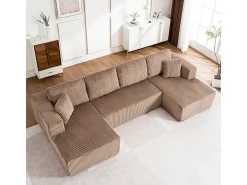 Sofá de canto panorâmico - Veludo canelado Castanho - 4 almofadas, 2 travesseiros, 2 chaises - 332x156x88cm