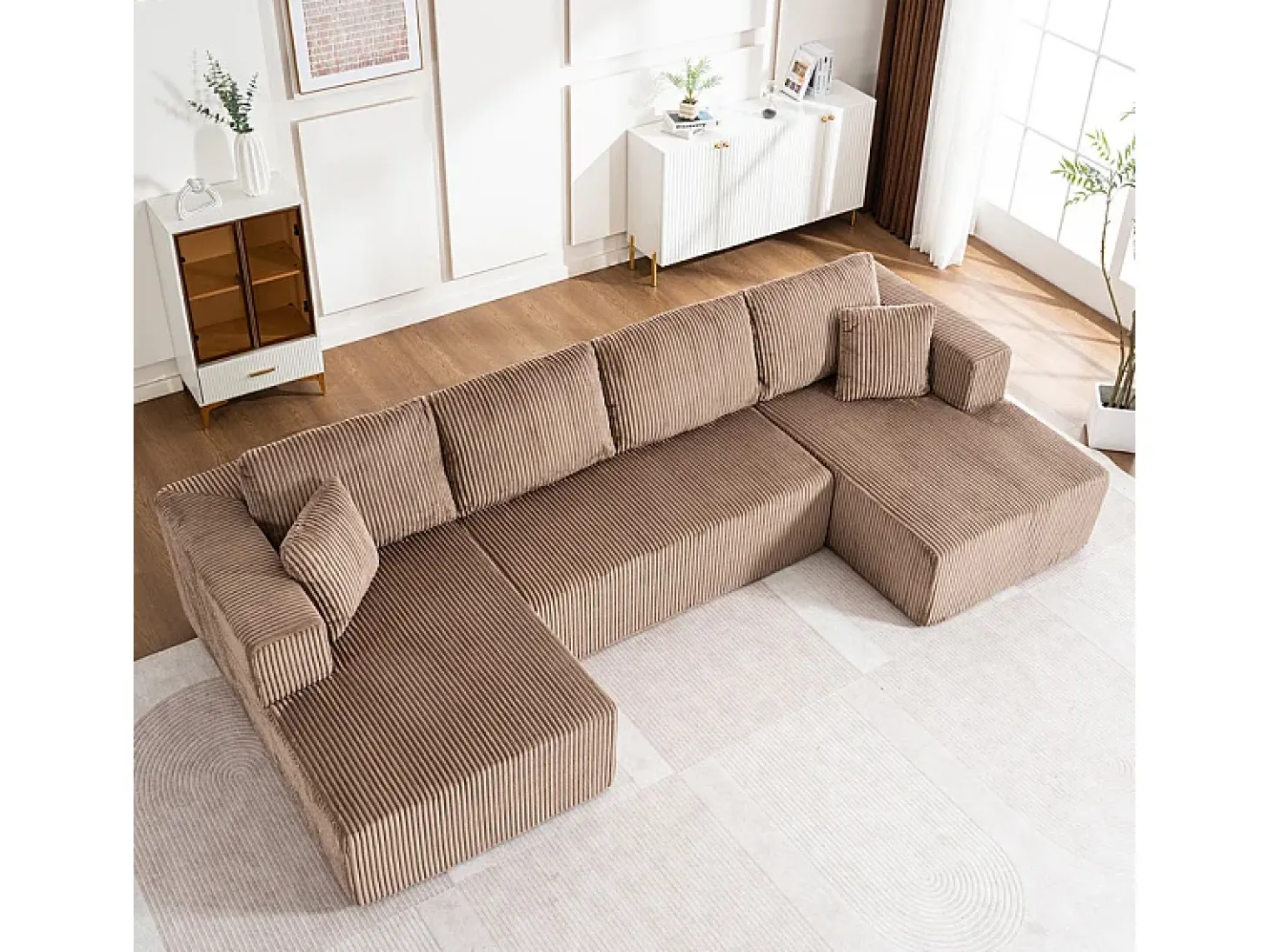Sofá de canto panorâmico - Veludo canelado Castanho - 4 almofadas, 2 travesseiros, 2 chaises - 332x156x88cm