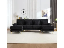 Sofá de canto panorâmico em veludo - 4 lugares - com LED RGB e porta USB+Type-C - 265x135x88cm - Preto