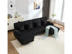Sofá de canto panorâmico em veludo - 4 lugares - com LED RGB e porta USB+Type-C - 265x135x88cm - Preto