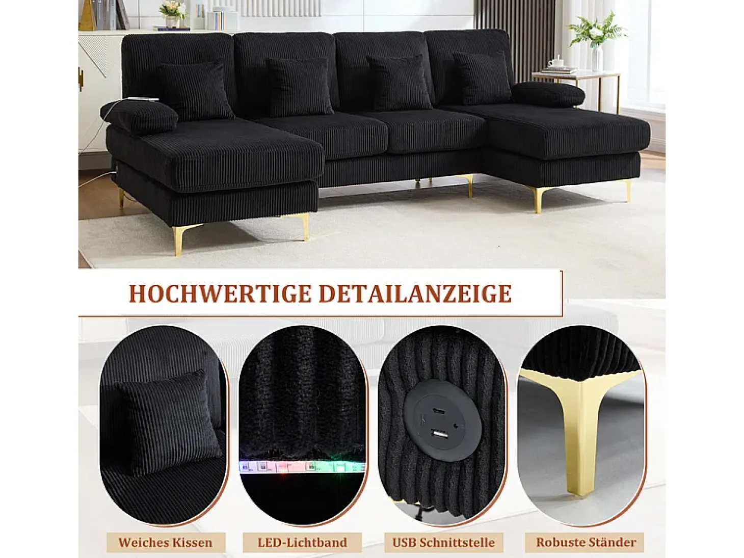 Sofá de canto panorâmico em veludo - 4 lugares - com LED RGB e porta USB+Type-C - 265x135x88cm - Preto