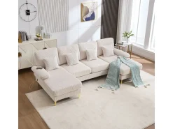 Sofá de canto panorâmico em veludo - 4 lugares - com LED RGB e porta USB+Type-C - 265x135x88cm - Bege