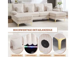 Sofá de canto panorâmico em veludo - 4 lugares - com LED RGB e porta USB+Type-C - 265x135x88cm - Bege