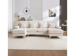 Sofá de canto panorâmico em veludo - 4 lugares - com LED RGB e porta USB+Type-C - 265x135x88cm - Bege