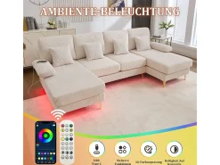 Sofá de canto panorâmico em veludo - 4 lugares - com LED RGB e porta USB+Type-C - 265x135x88cm - Bege