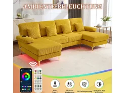 Sofá de canto panorâmico em veludo - 4 lugares - com LED RGB e porta USB+Type-C - 265x135x88cm - Amarelo