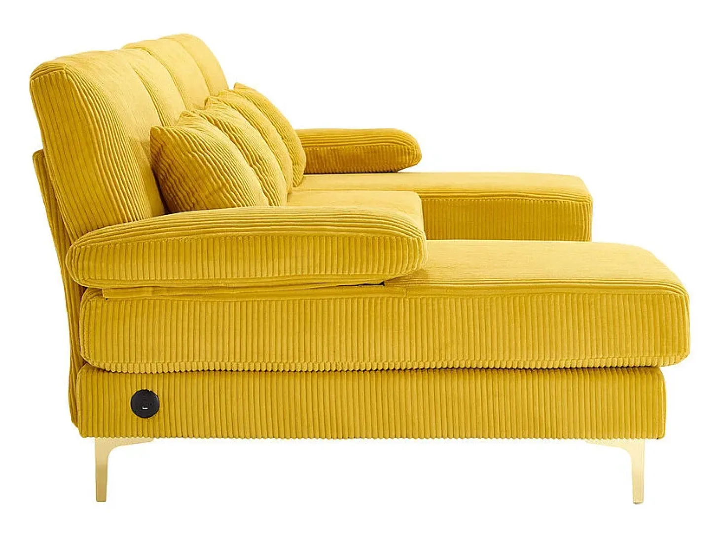 Sofá de canto panorâmico em veludo - 4 lugares - com LED RGB e porta USB+Type-C - 265x135x88cm - Amarelo
