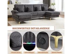 Sofá de canto panorâmico em veludo - 4 lugares - com LED RGB e porta USB+Type-C - 265x135x88cm - Cinza