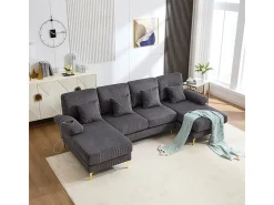 Sofá de canto panorâmico em veludo - 4 lugares - com LED RGB e porta USB+Type-C - 265x135x88cm - Cinza