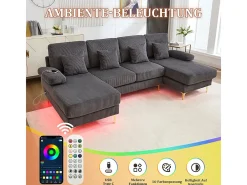 Sofá de canto panorâmico em veludo - 4 lugares - com LED RGB e porta USB+Type-C - 265x135x88cm - Cinza