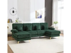 Sofá de canto panorâmico em veludo - 4 lugares - com LED RGB e porta USB+Type-C - 265x135x88cm - Verde