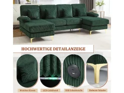 Sofá de canto panorâmico em veludo - 4 lugares - com LED RGB e porta USB+Type-C - 265x135x88cm - Verde