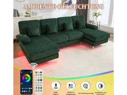 Sofá de canto panorâmico em veludo - 4 lugares - com LED RGB e porta USB+Type-C - 265x135x88cm - Verde