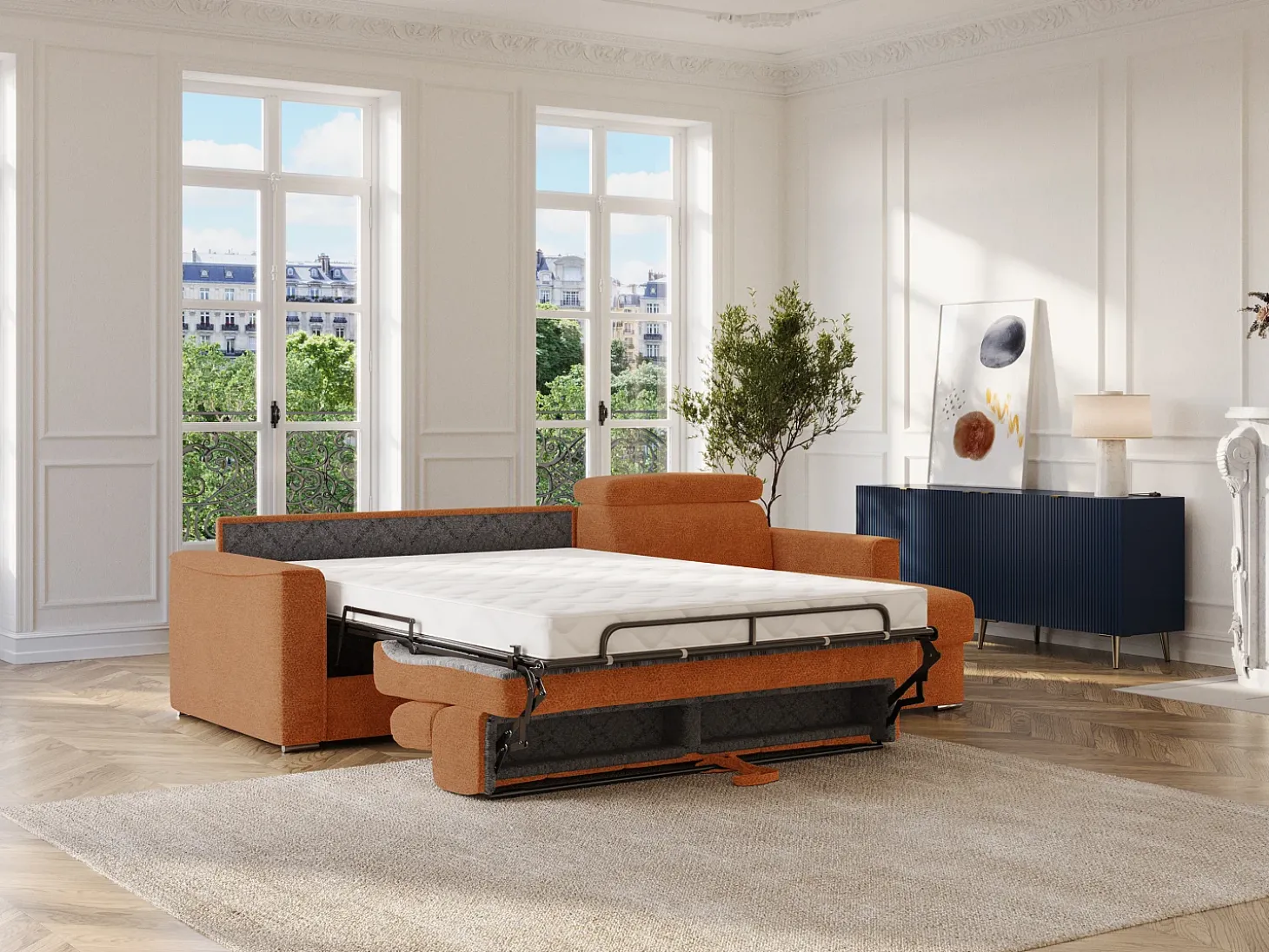 Sofá de canto reversível convertível abertura rápida em tessido terracotta - Cama 140 cm VIZIR