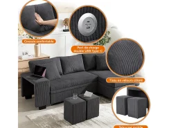 Sofá de canto reversível conversível 3 lugares - em veludo cotelê - com armazenamento, prateleira e 2 puffs - Porta USB+Type-C - Cinza