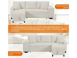 Sofá de canto reversível conversível 3 lugares - em veludo cotelê - com armazenamento, prateleira e 2 puffs - Porta USB+Type-C - Bege