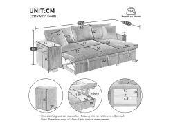 Sofá de canto reversível conversível 3 lugares - em veludo cotelê - com armazenamento, prateleira e 2 puffs - Porta USB+Type-C - Bege
