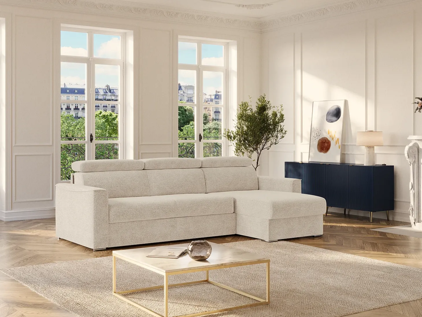 Sofá de canto reversível conversível abertura rápida em tecido bege - Área de dormir 160 cm VIZIR