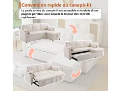 Sofá de canto reversível conversível em algodão e linho, Meridiano com armazenamento, Porta-copos, 211x129.5x86cm, Bege