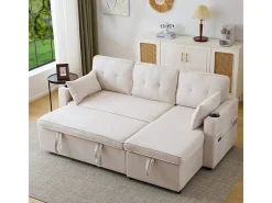 Sofá de canto reversível conversível em algodão e linho, Meridiano com armazenamento, Porta-copos, 211x129.5x86cm, Bege