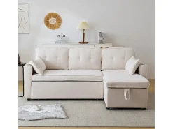 Sofá de canto reversível conversível em algodão e linho, Meridiano com armazenamento, Porta-copos, 211x129.5x86cm, Bege