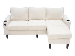 Sofá de canto reversível de 3 lugares em linho bege, com portas USB e Tipo C - 202x137x80cm