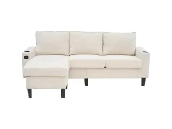 Sofá de canto reversível de 3 lugares em linho bege, com portas USB e Tipo C - 202x137x80cm