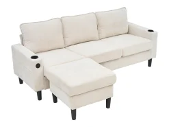 Sofá de canto reversível de 3 lugares em linho bege, com portas USB e Tipo C - 202x137x80cm