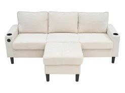 Sofá de canto reversível de 3 lugares em linho bege, com portas USB e Tipo C - 202x137x80cm