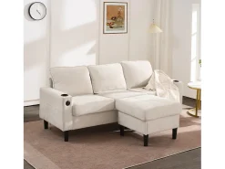 Sofá de canto reversível de 3 lugares em linho bege, com portas USB e Tipo C - 202x137x80cm