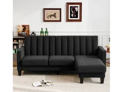 Sofá de canto reversível de 3/4 do lugar em tecido preto - meridiano ou pouf - listras verticais - 208x76x85cm