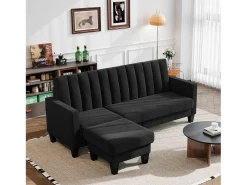 Sofá de canto reversível de 3/4 do lugar em tecido preto - meridiano ou pouf - listras verticais - 208x76x85cm